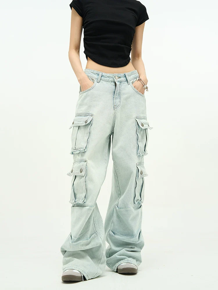 Light Wash Baggy Cargo Jeans with Multiple Flap Pockets - Image 4