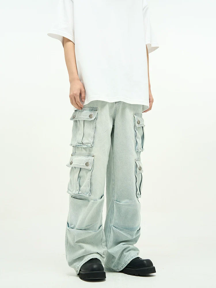 Light Wash Baggy Cargo Jeans with Multiple Flap Pockets - Image 5