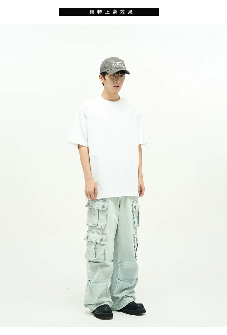 Light Wash Baggy Cargo Jeans with Multiple Flap Pockets - Image 6