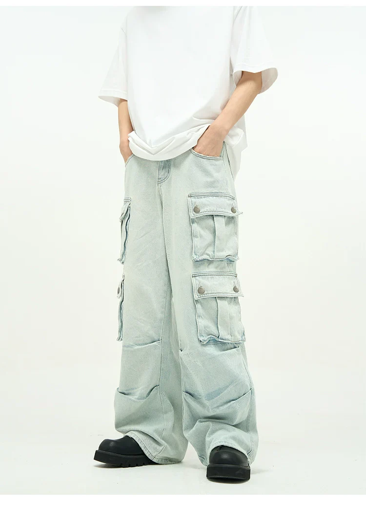 Light Wash Baggy Cargo Jeans with Multiple Flap Pockets - Image 7