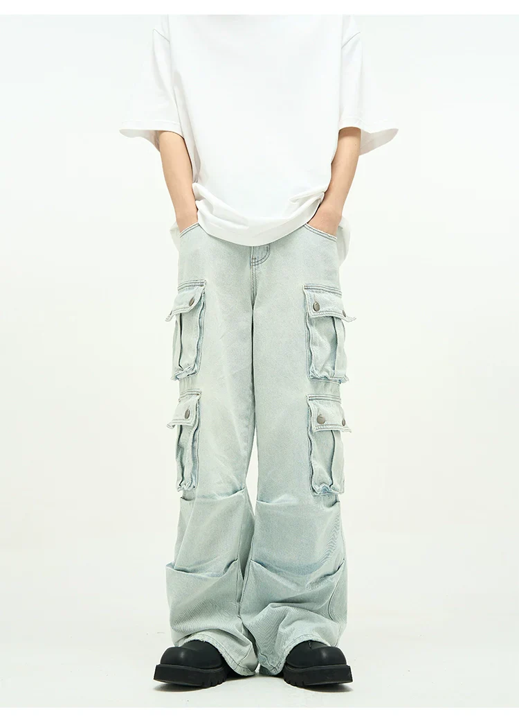 Light Wash Baggy Cargo Jeans with Multiple Flap Pockets - Image 8
