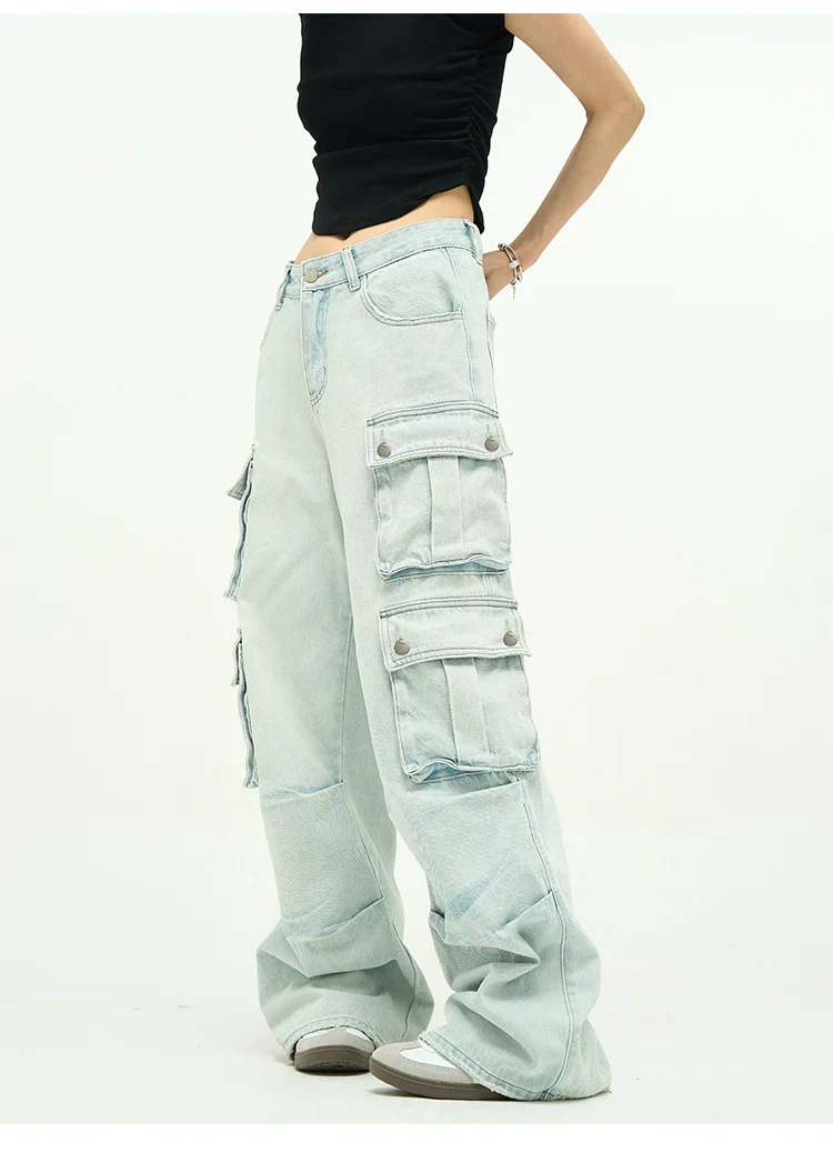 Light Wash Baggy Cargo Jeans with Multiple Flap Pockets - Image 9