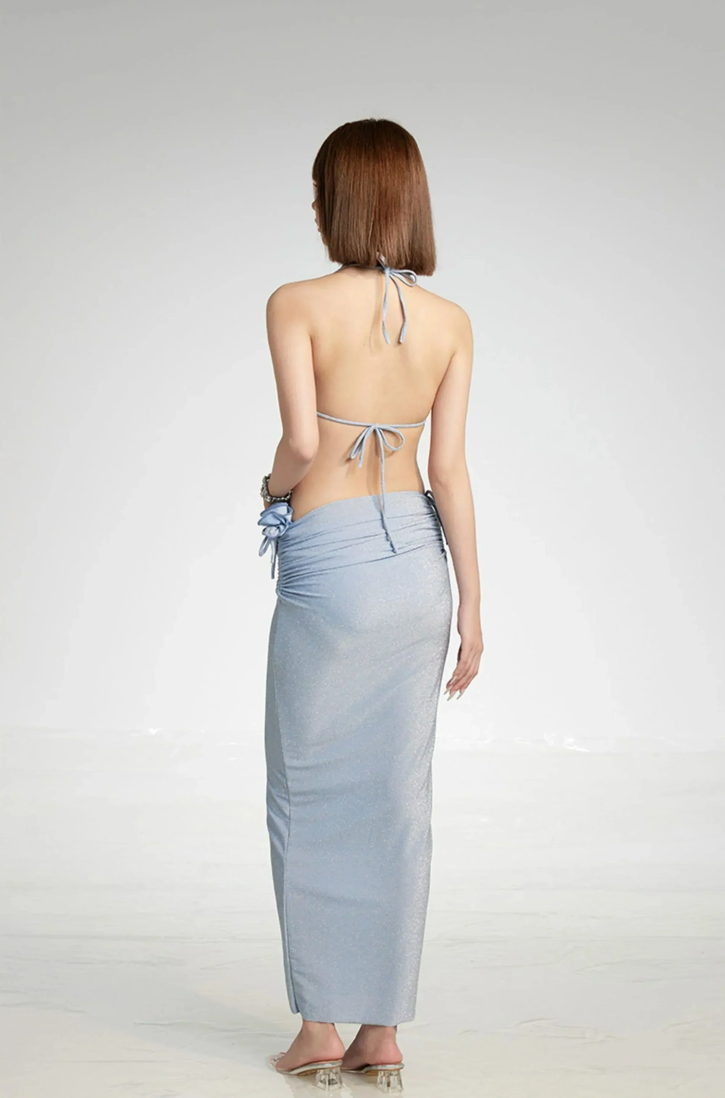 Dusty Blue Floral Accent Bikini with Maxi Sarong Skirt Set - Image 3