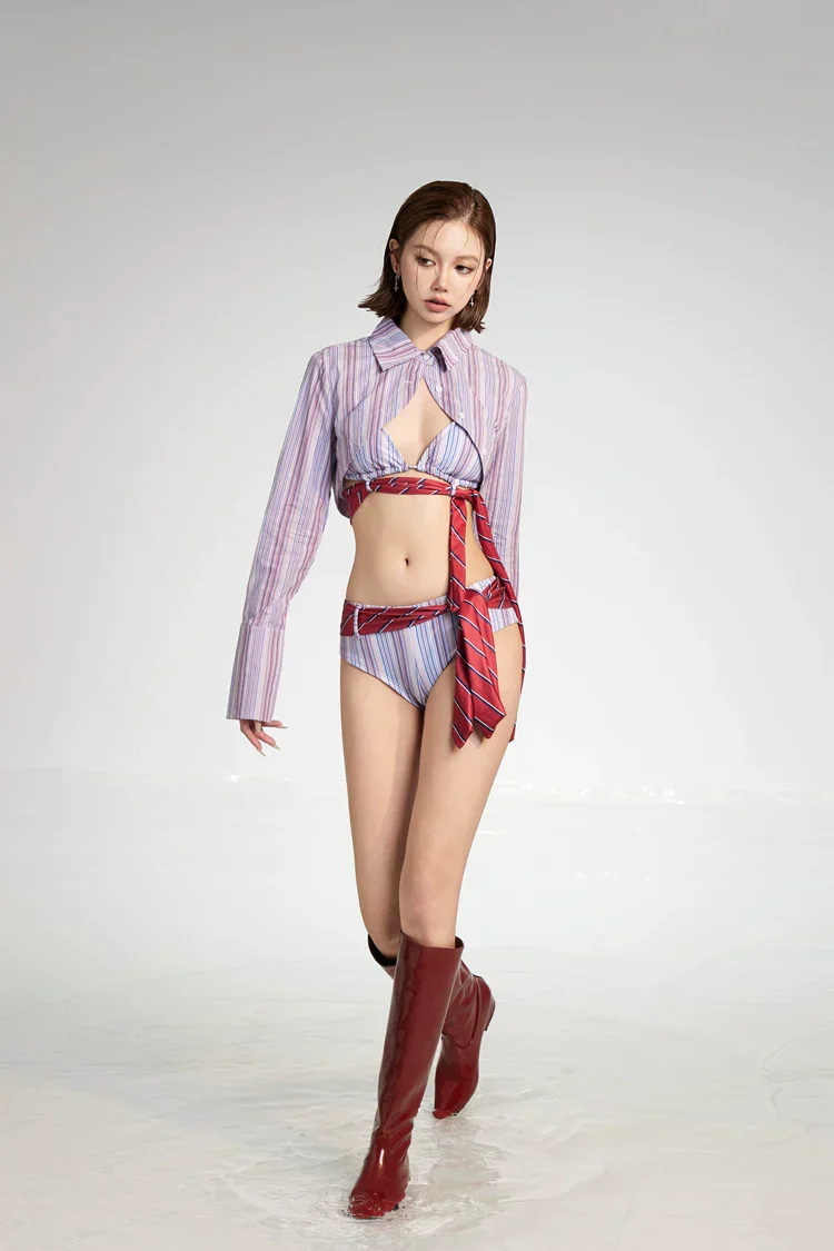 Striped Tie-Front Bikini Set with Long Sleeve Cover-Up - Image 11