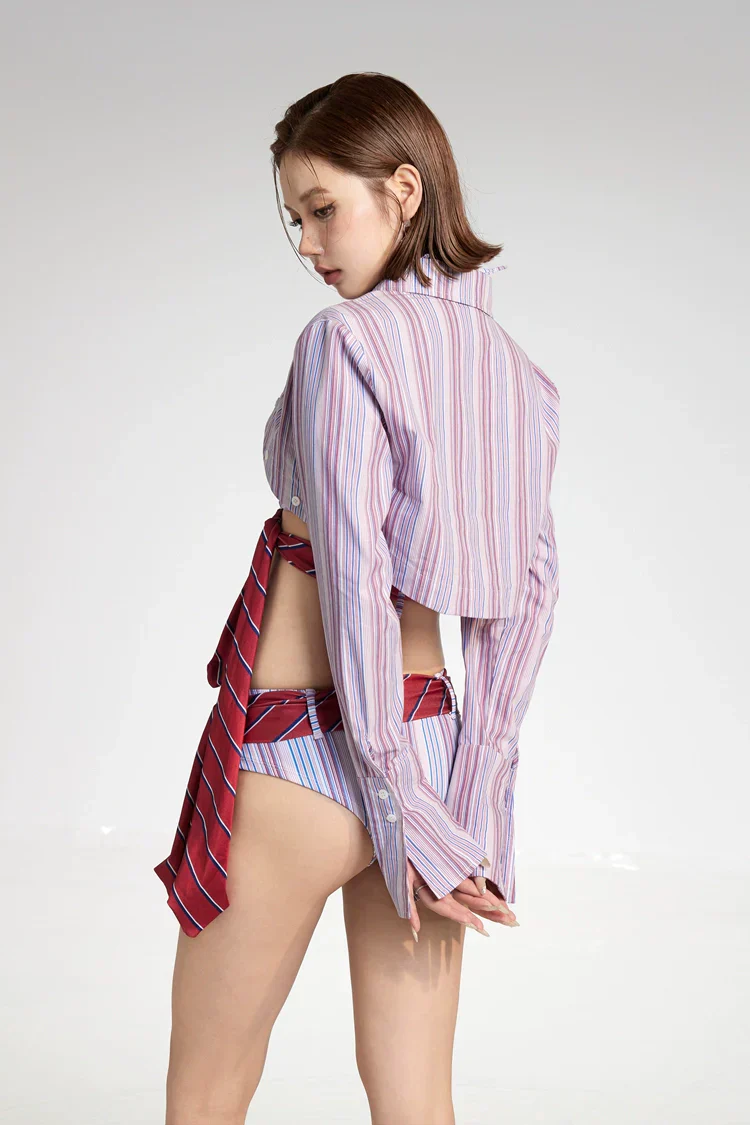 Striped Tie-Front Bikini Set with Long Sleeve Cover-Up - Image 7