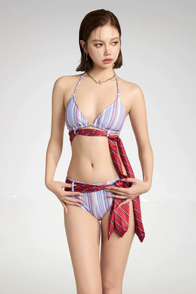 Striped Tie-Front Bikini Set with Long Sleeve Cover-Up - Image 8