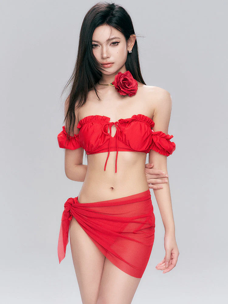 Red Off-Shoulder Ruffle Bikini Set with Sheer Sarong - Image 2
