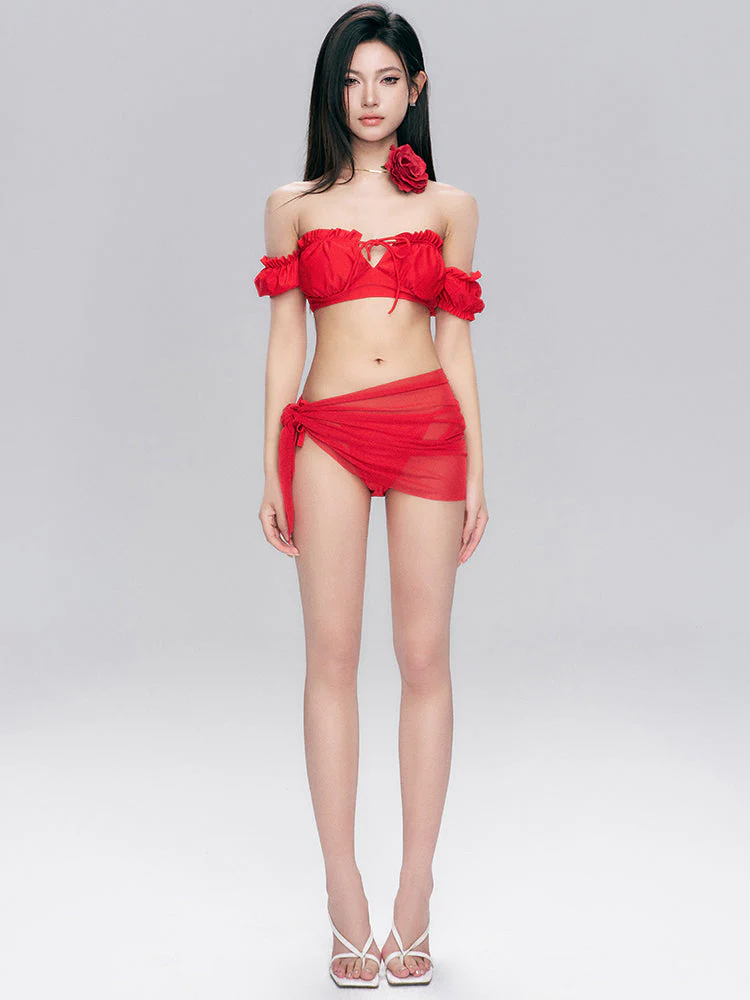 Red Off-Shoulder Ruffle Bikini Set with Sheer Sarong - Image 3