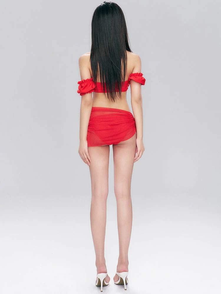 Red Off-Shoulder Ruffle Bikini Set with Sheer Sarong - Image 8