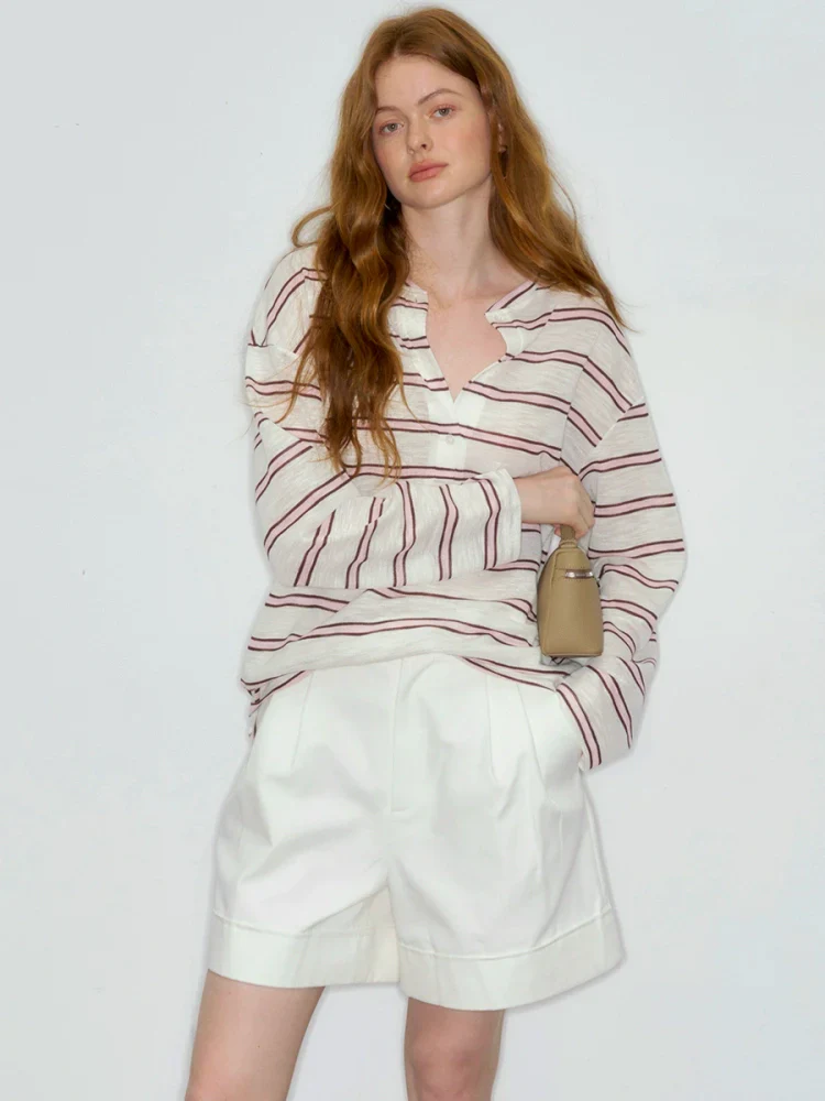Striped V-Neck Long Sleeve Sweatshirt - Image 2