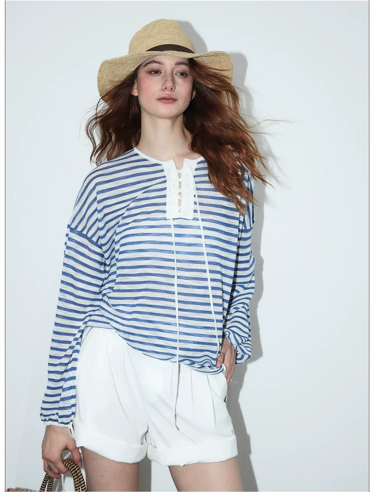 Nautical Lace-Up Striped Top - Image 2