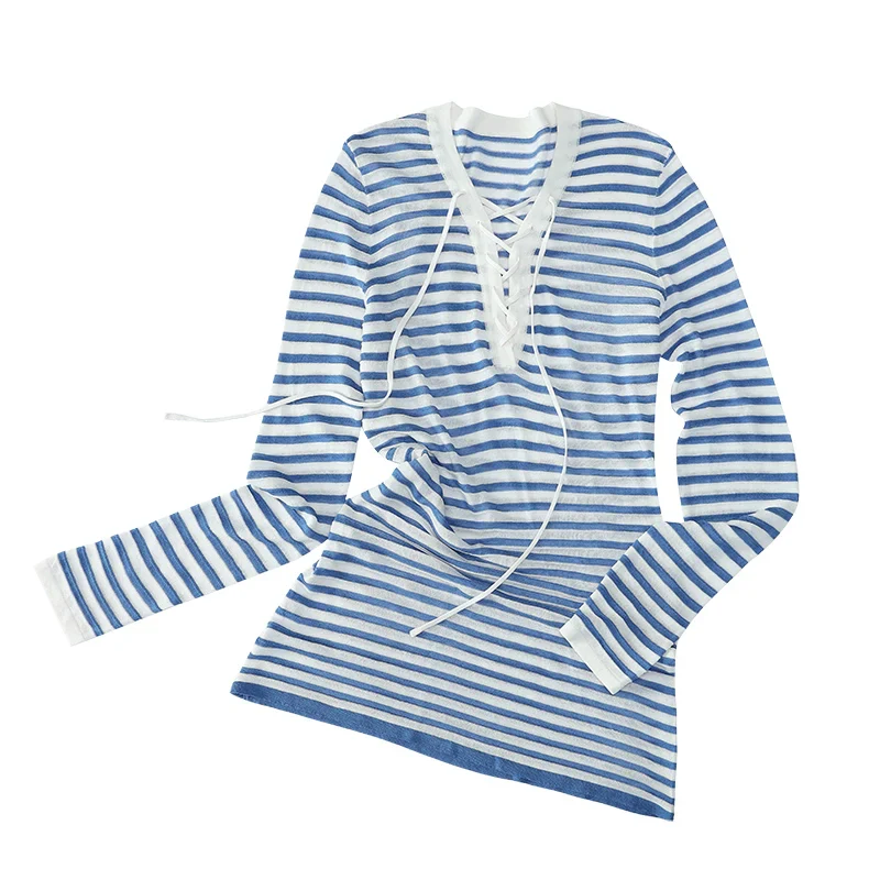 Nautical Lace-Up Striped Top - Image 4