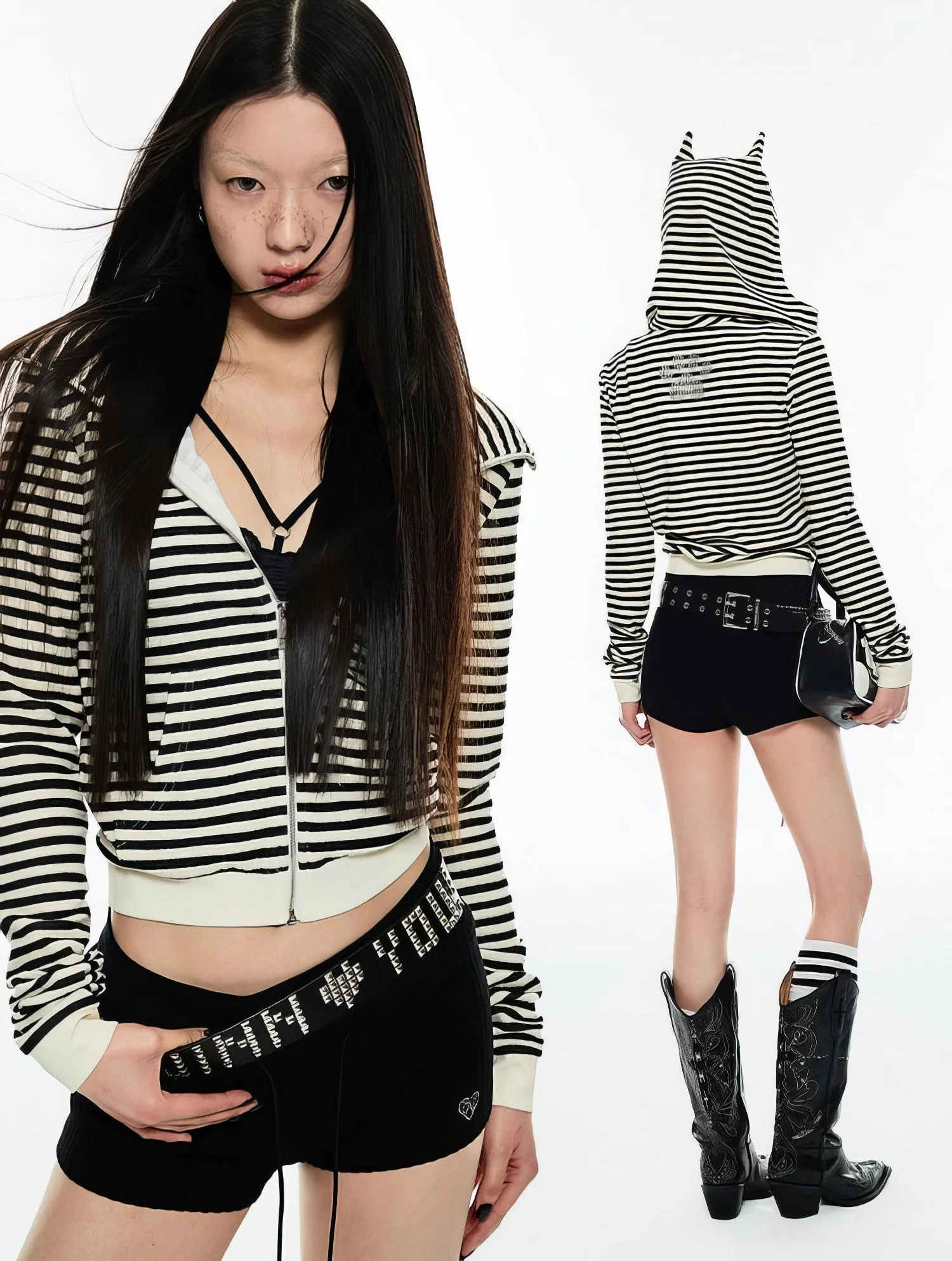 Striped Cat Ear Zip Hoodie - Image 4