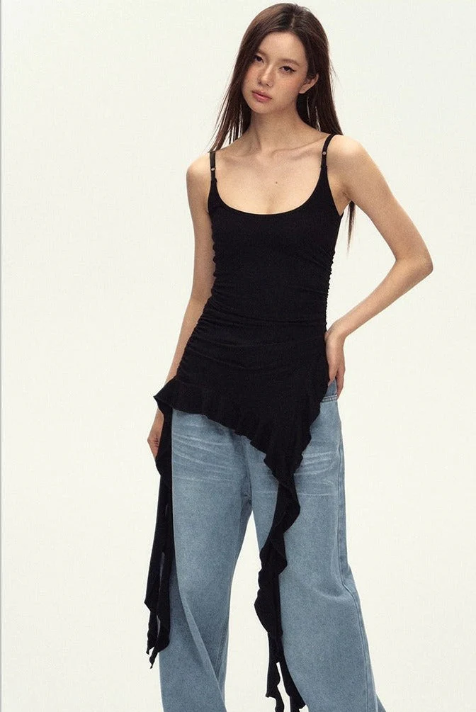 Ruched Asymmetric Black Cami Top - Image 11