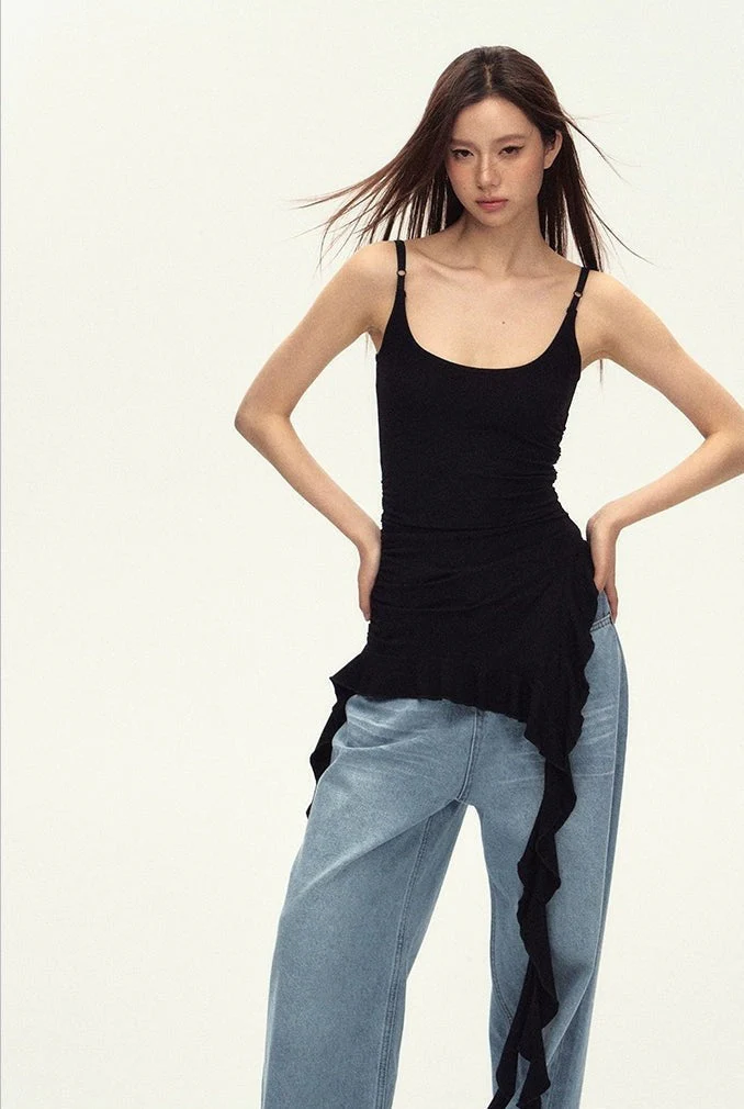 Ruched Asymmetric Black Cami Top - Image 12