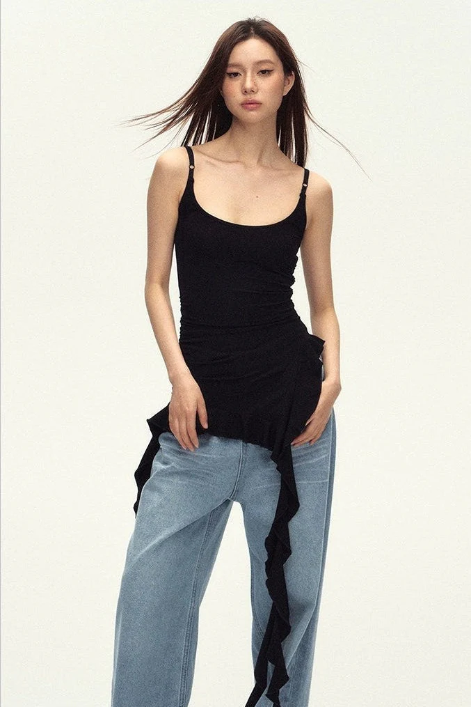 Ruched Asymmetric Black Cami Top - Image 13