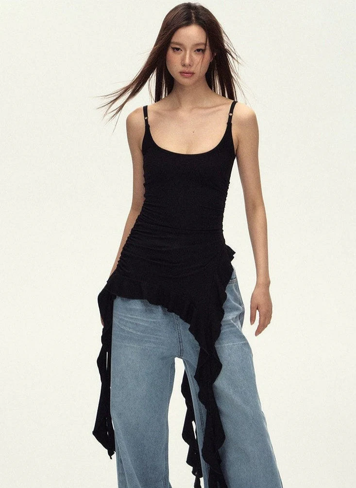 Ruched Asymmetric Black Cami Top - Image 14