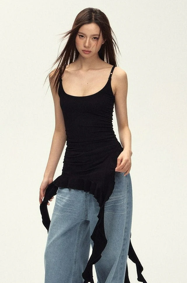 Ruched Asymmetric Black Cami Top - Image 15