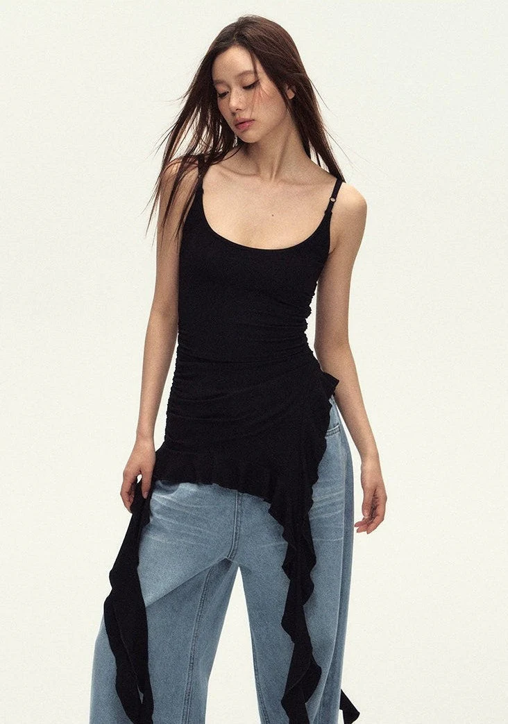 Ruched Asymmetric Black Cami Top - Image 16