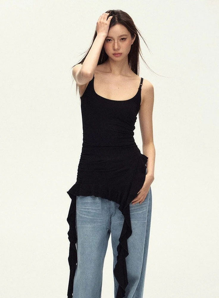 Ruched Asymmetric Black Cami Top - Image 2