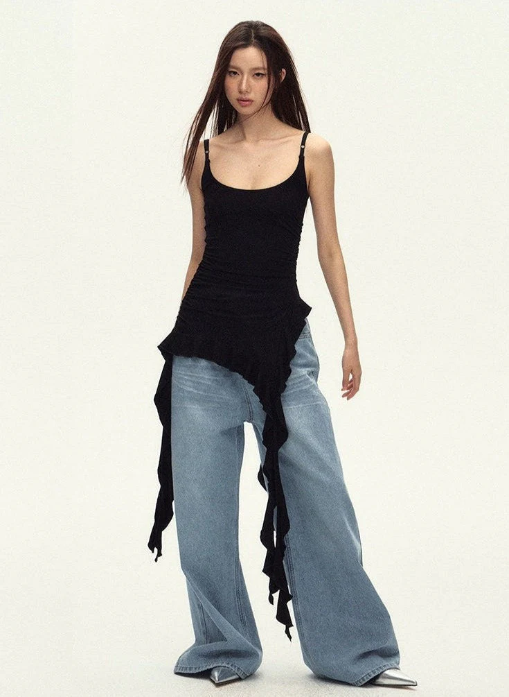 Ruched Asymmetric Black Cami Top - Image 3