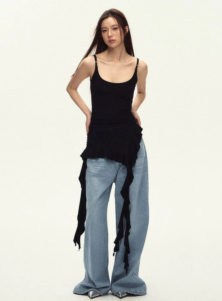 Ruched Asymmetric Black Cami Top - Image 4