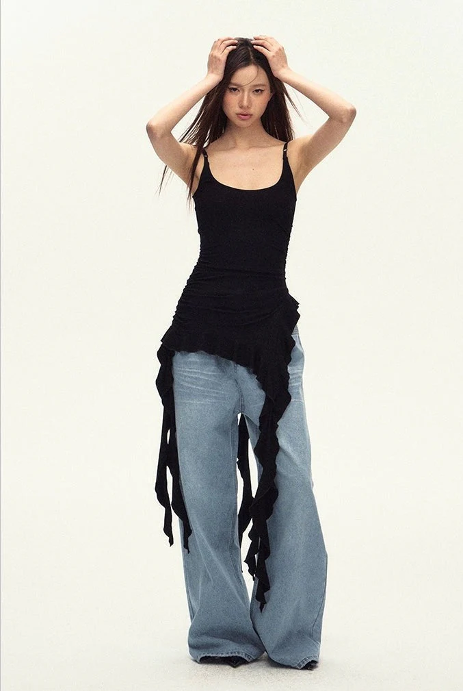 Ruched Asymmetric Black Cami Top - Image 5