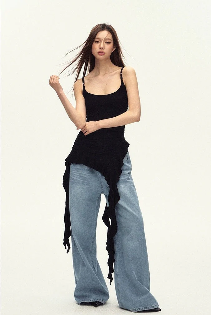 Ruched Asymmetric Black Cami Top - Image 6