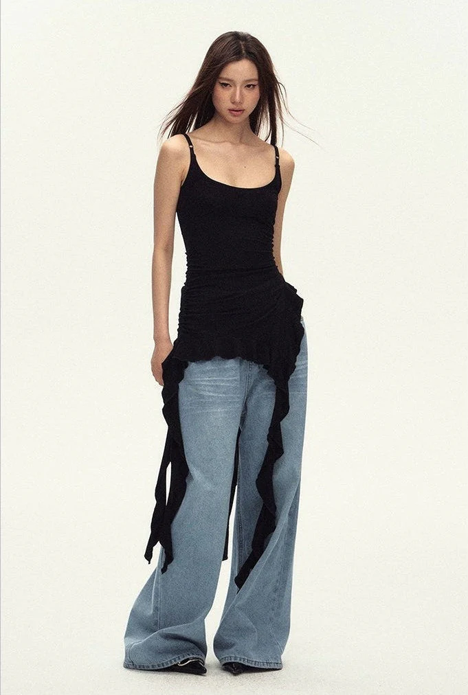 Ruched Asymmetric Black Cami Top - Image 7