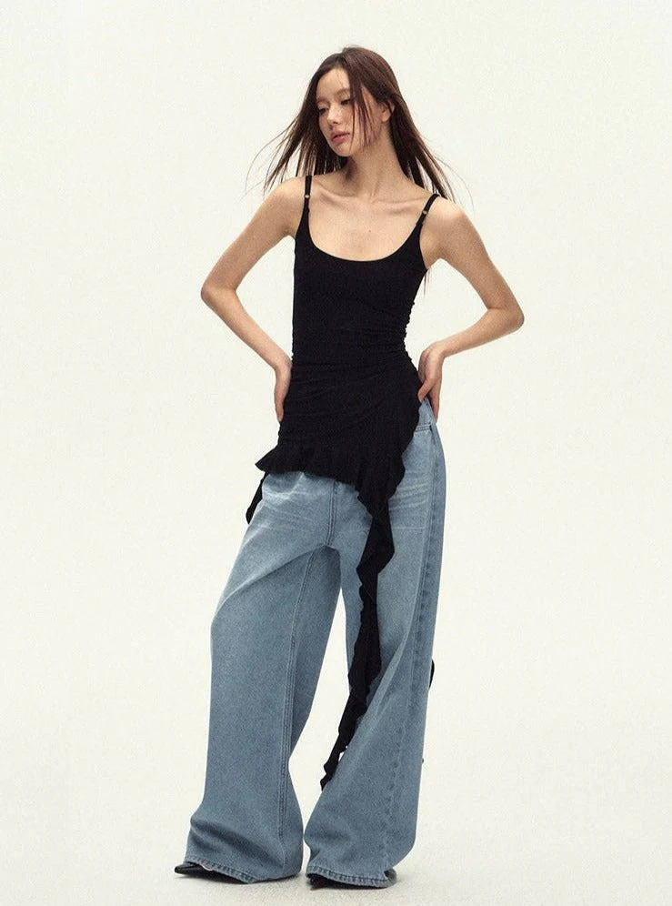 Ruched Asymmetric Black Cami Top - Image 8