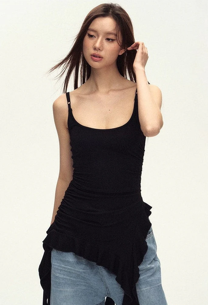 Ruched Asymmetric Black Cami Top - Image 9