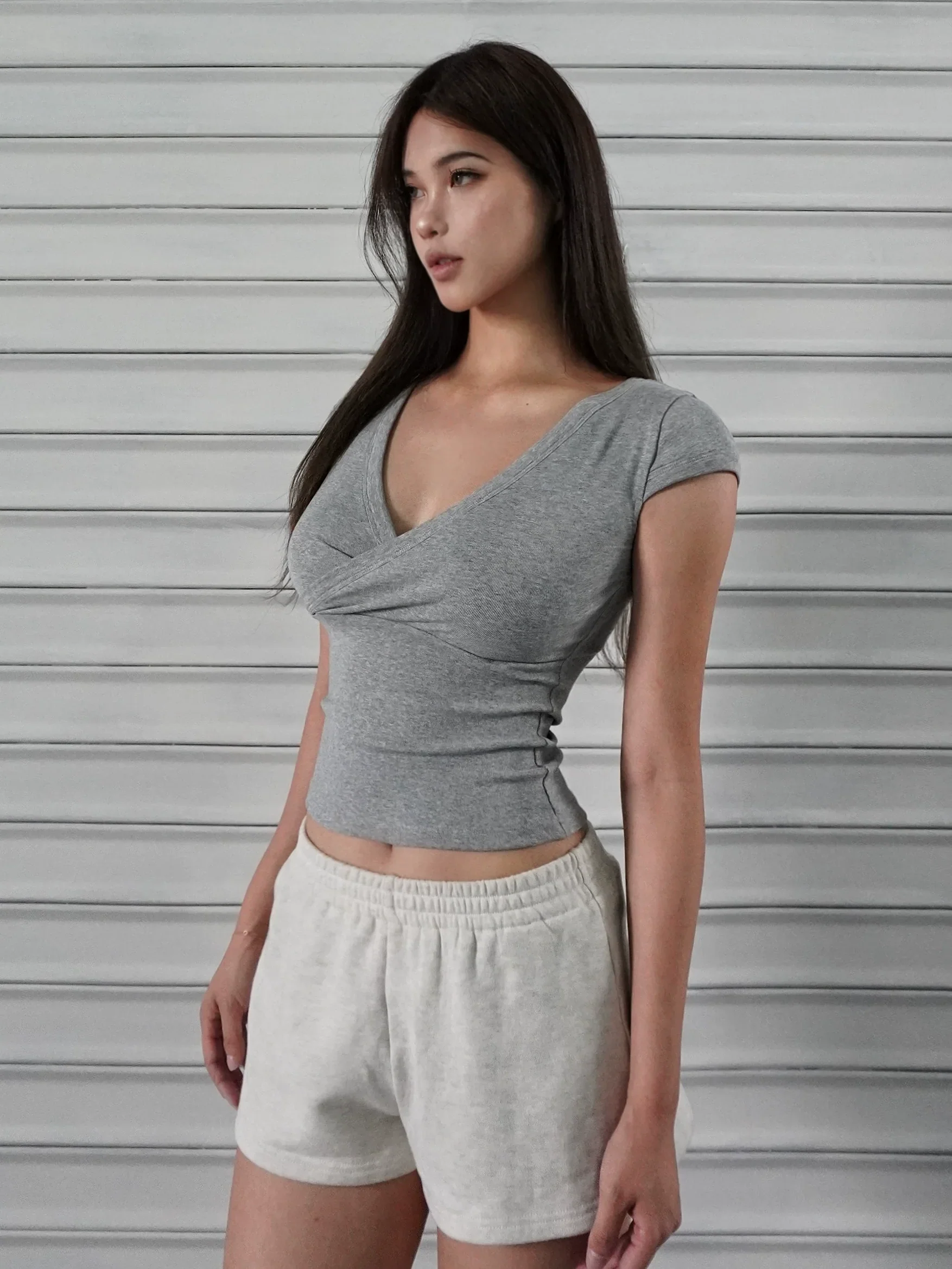 Low-cut Cross V-neck Short Sleeve Top - Image 9