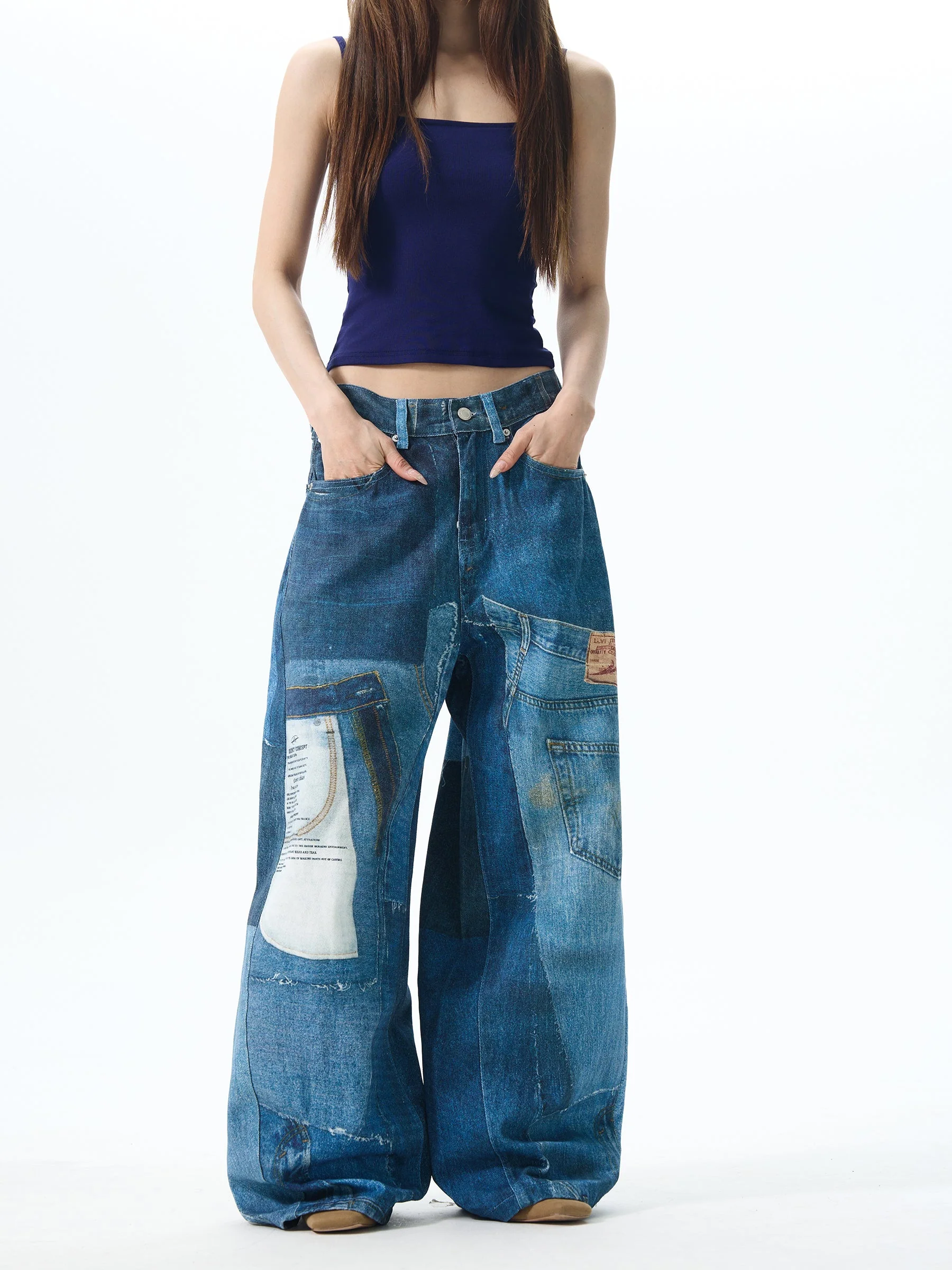 Patchwork Wide Leg Denim Jeans - Image 2