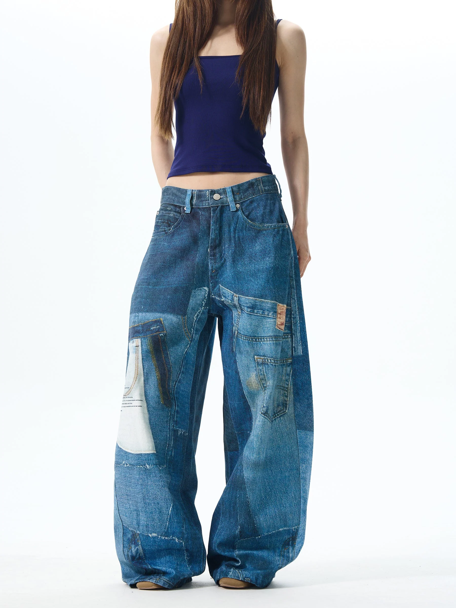 Patchwork Wide Leg Denim Jeans - Image 3