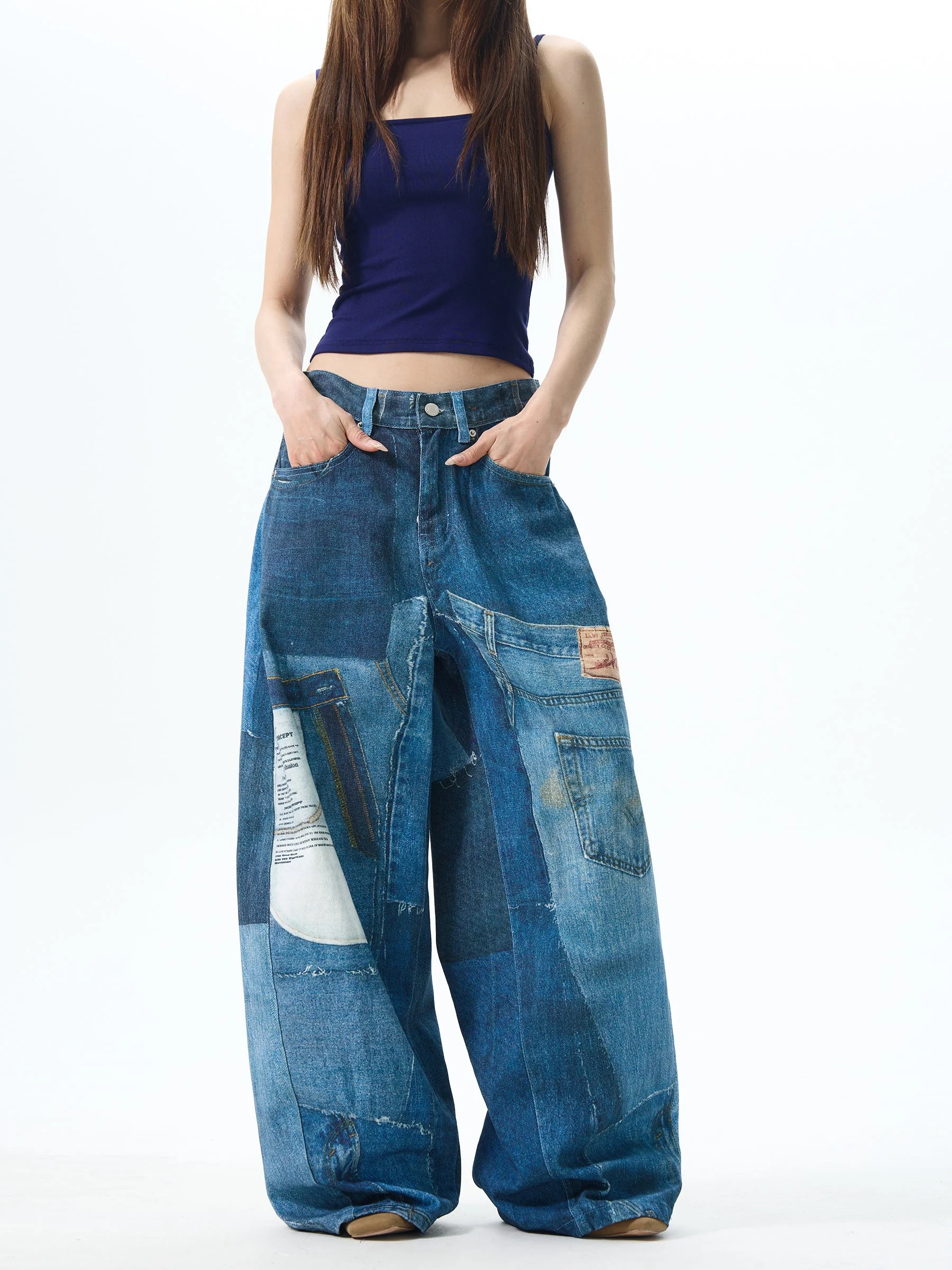 Patchwork Wide Leg Denim Jeans - Image 4