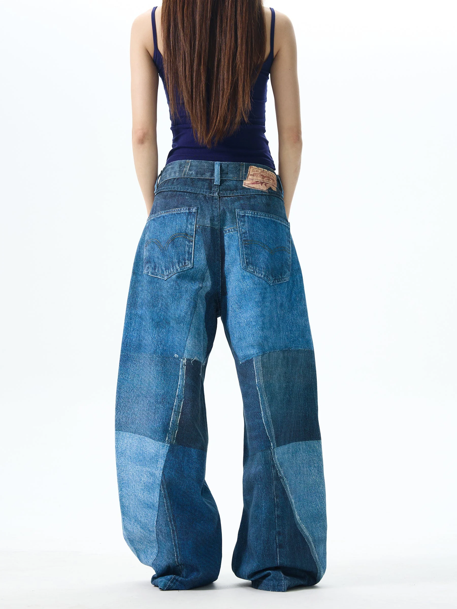 Patchwork Wide Leg Denim Jeans - Image 5