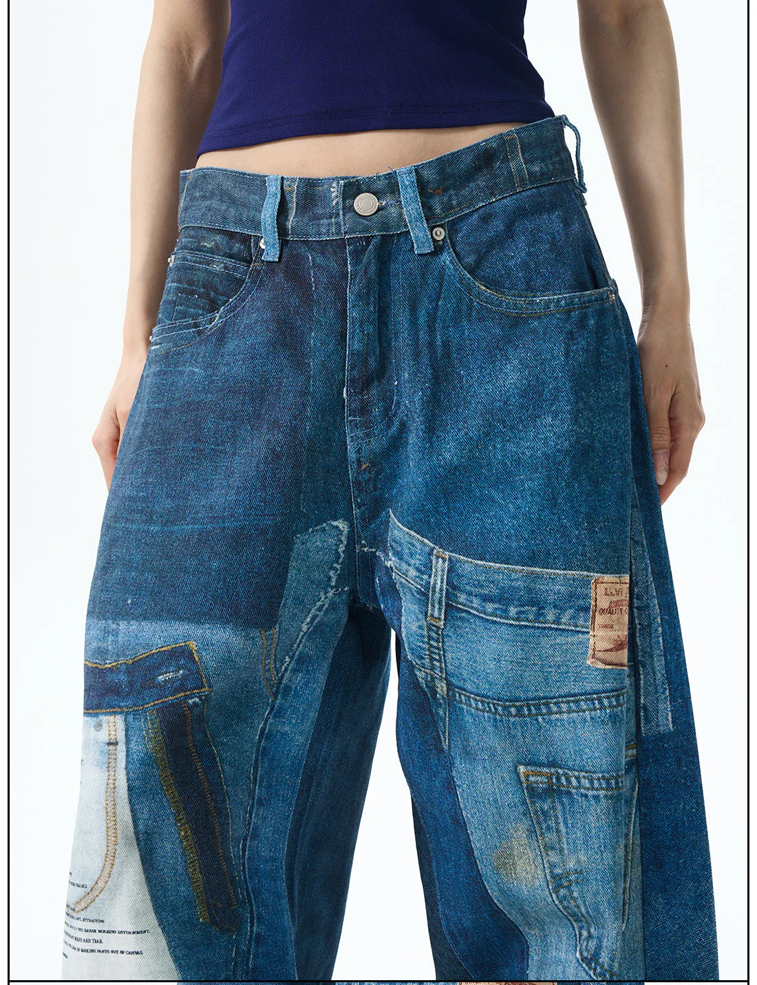 Patchwork Wide Leg Denim Jeans - Image 6