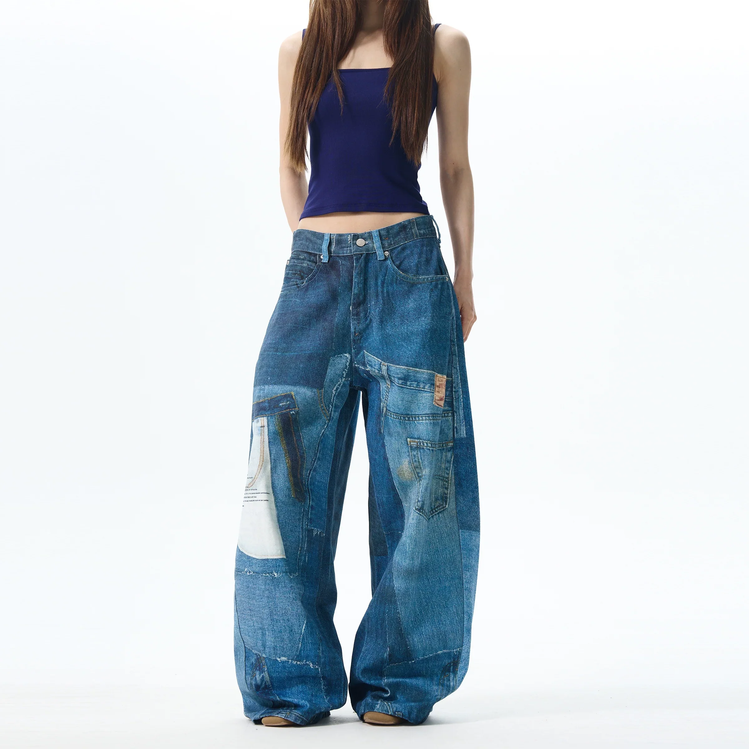Patchwork Wide Leg Denim Jeans - Image 8