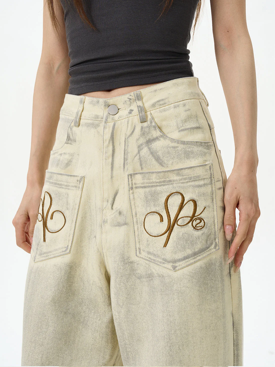 Embroidered Cream Wide Leg Pants - Image 11