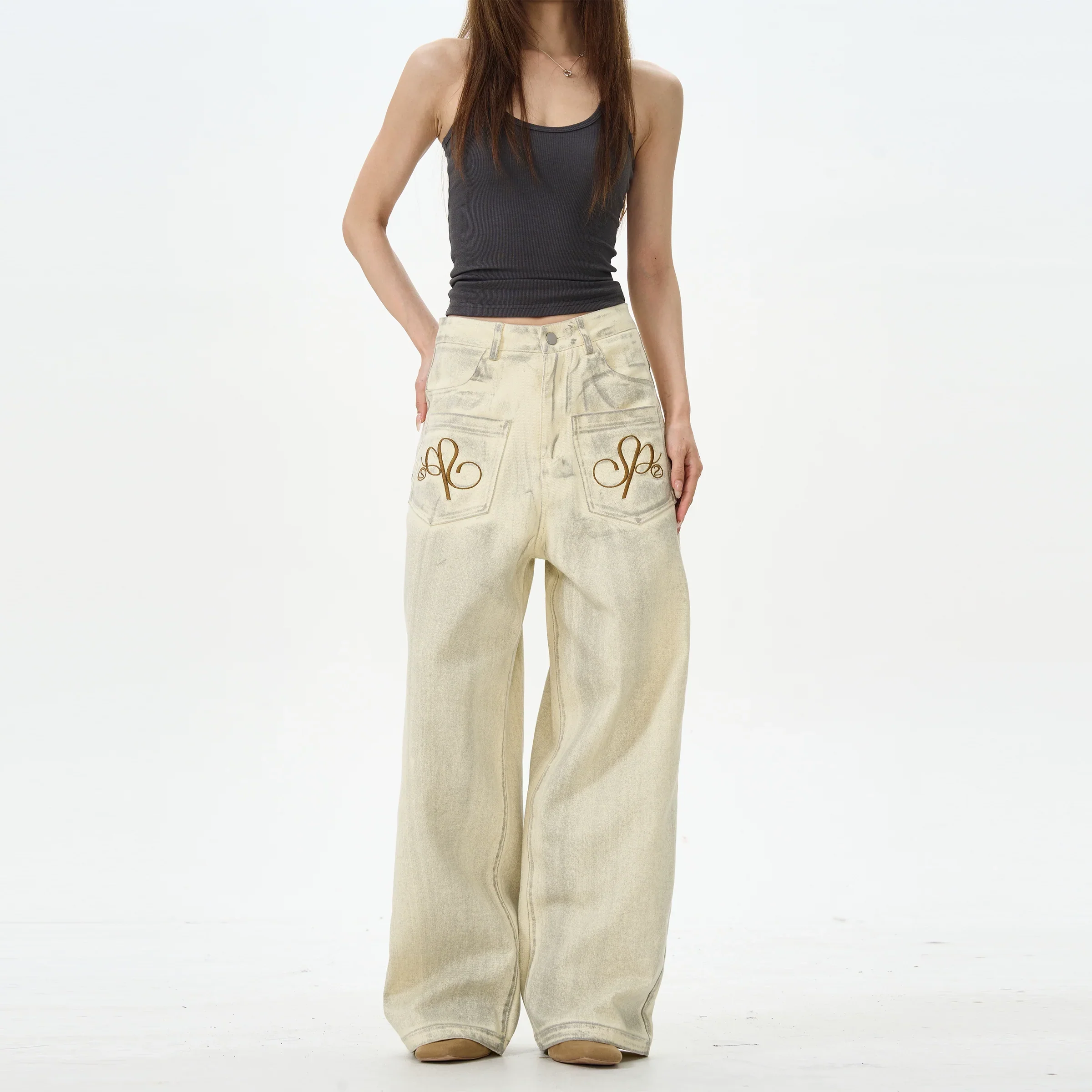 Embroidered Cream Wide Leg Pants - Image 3