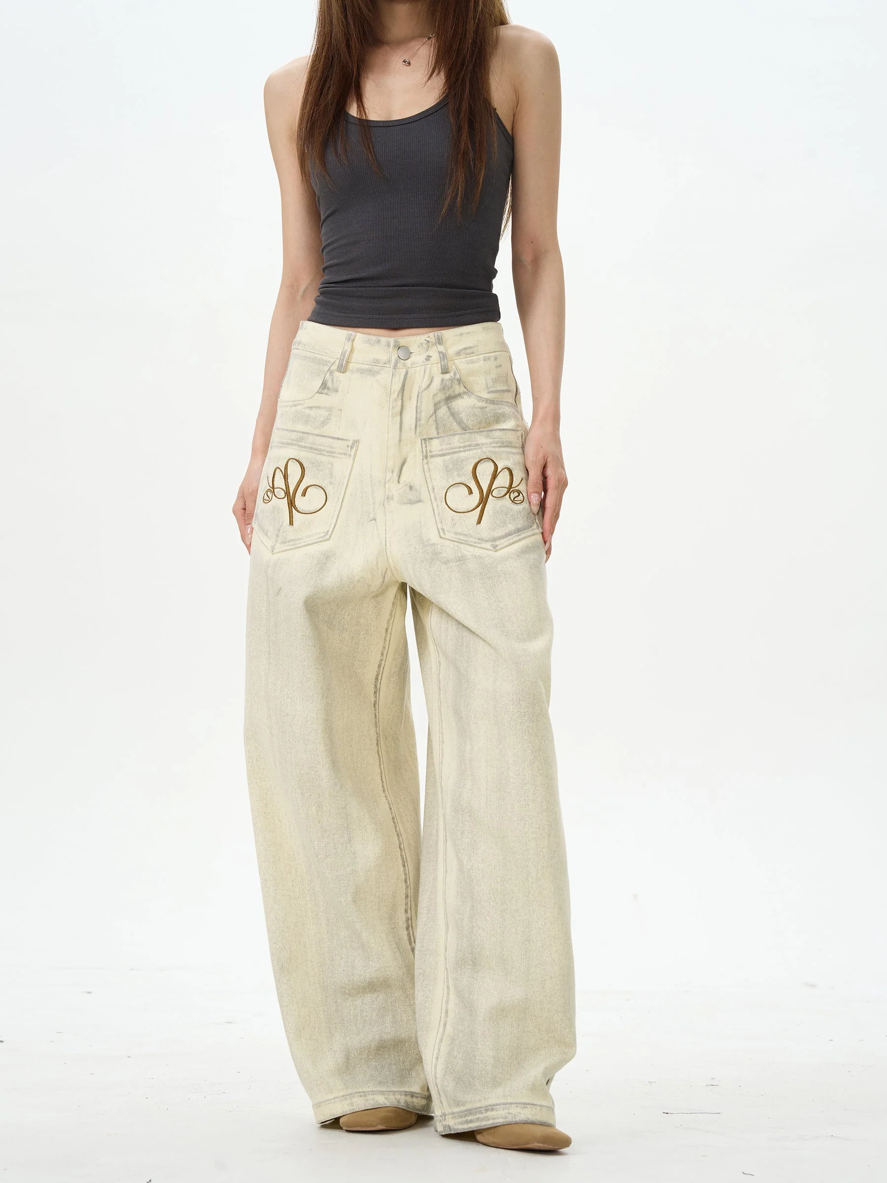 Embroidered Cream Wide Leg Pants - Image 4