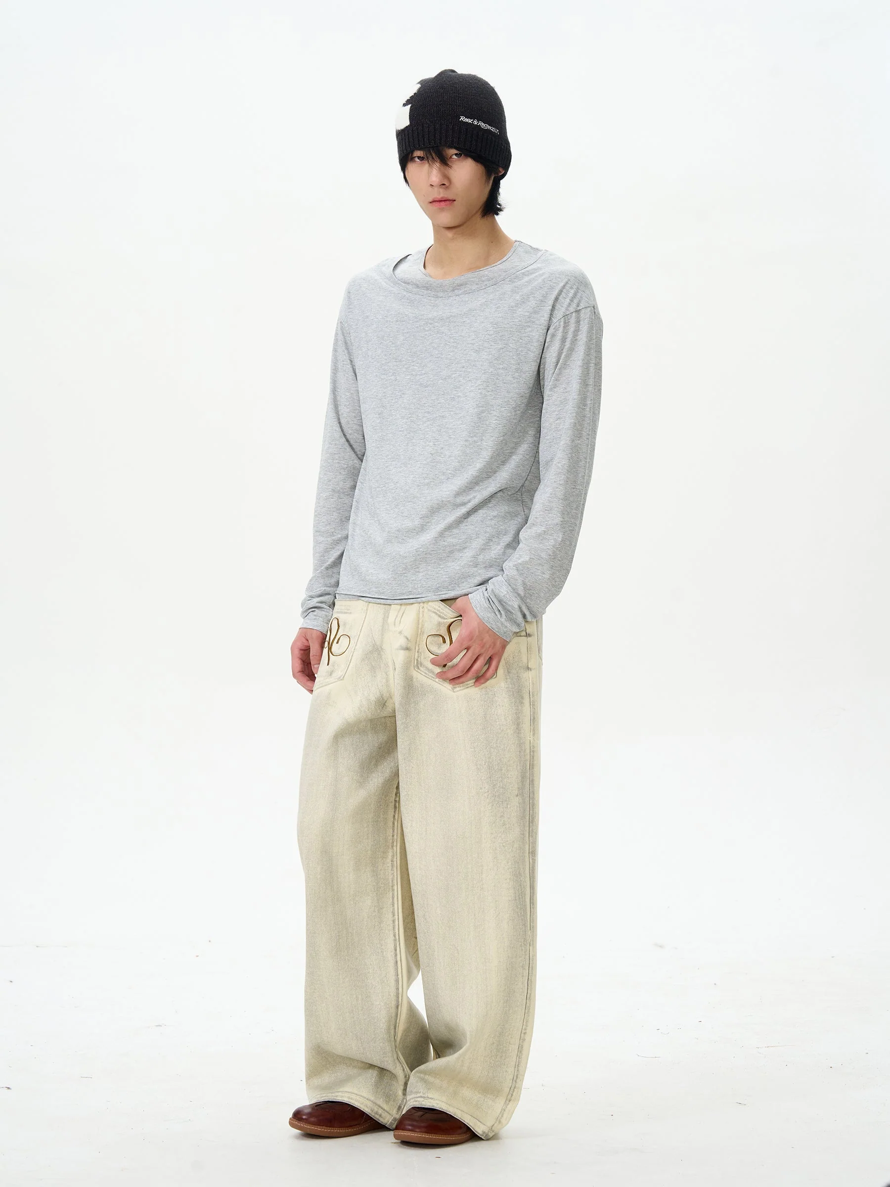 Embroidered Cream Wide Leg Pants - Image 5
