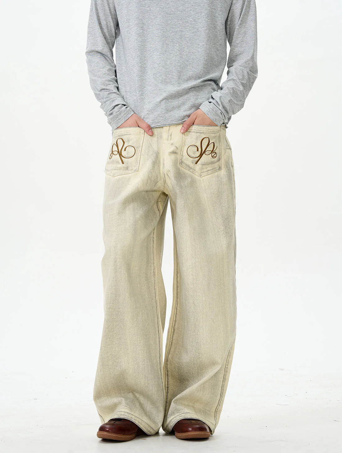 Embroidered Cream Wide Leg Pants - Image 6