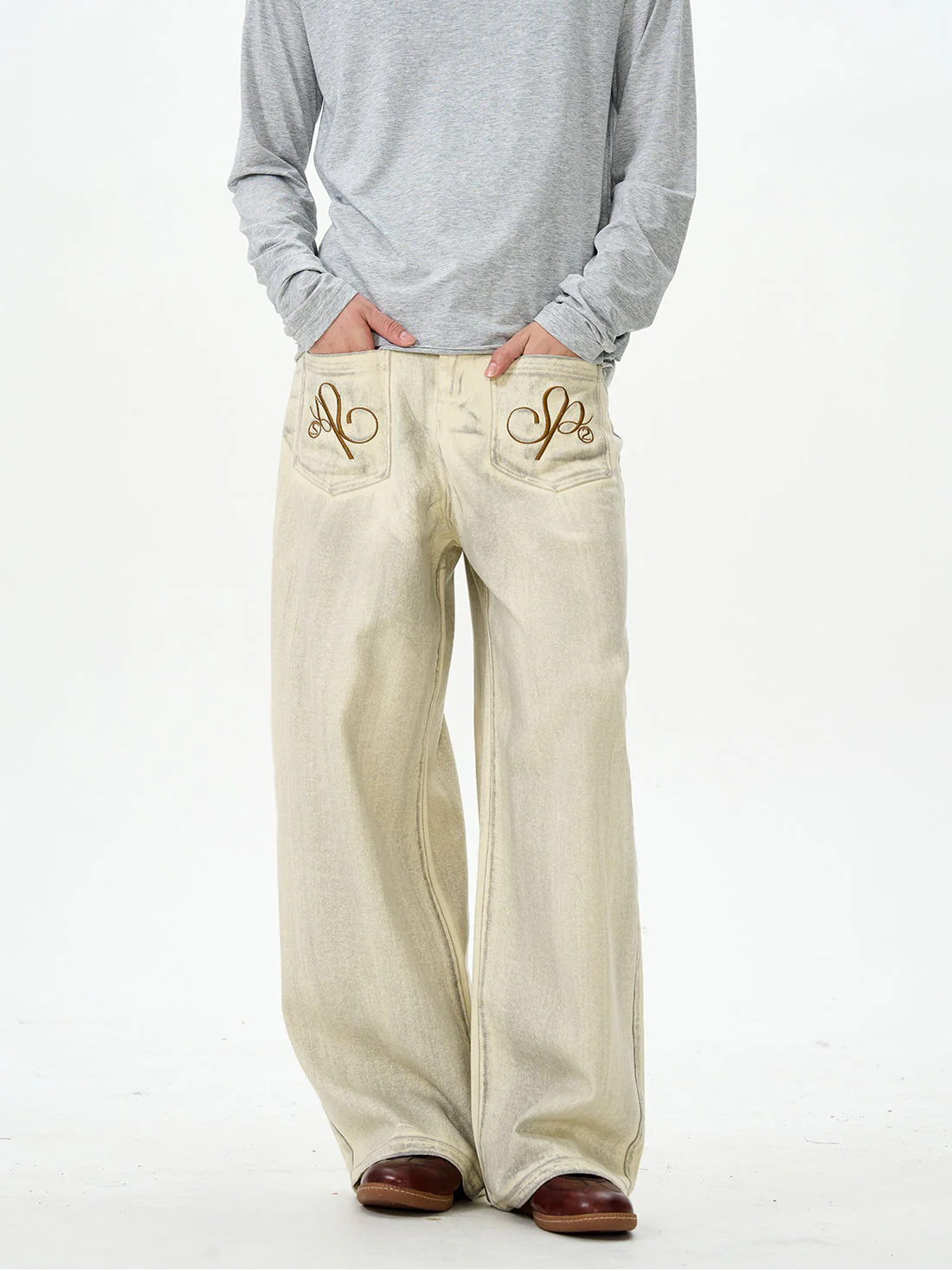 Embroidered Cream Wide Leg Pants - Image 7