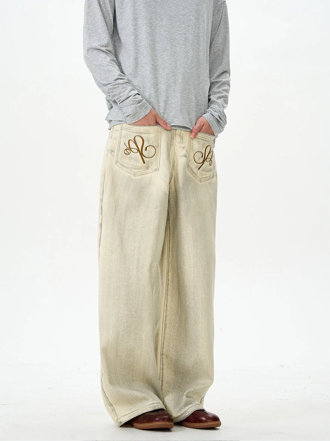 Embroidered Cream Wide Leg Pants - Image 8