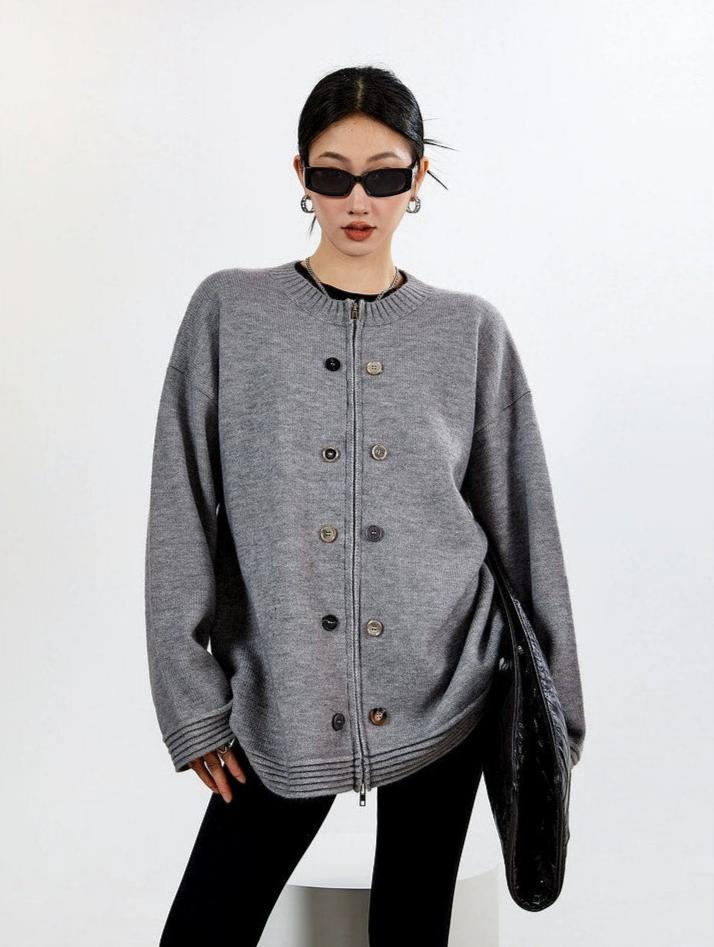Ribbed Trim Oversized Button Zip Knit Cardigan - Image 11