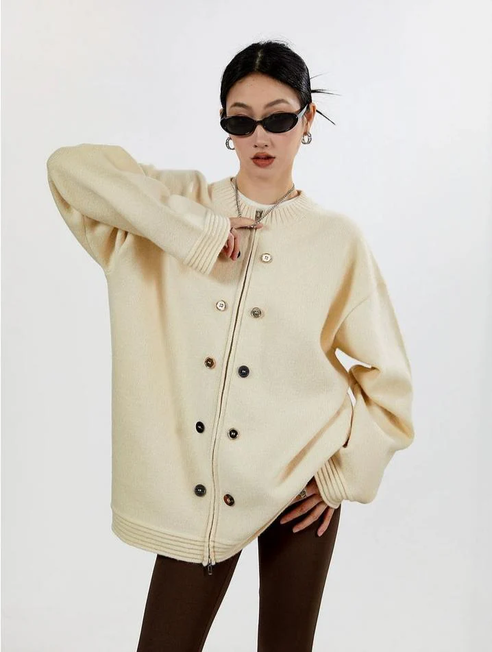 Ribbed Trim Oversized Button Zip Knit Cardigan - Image 12