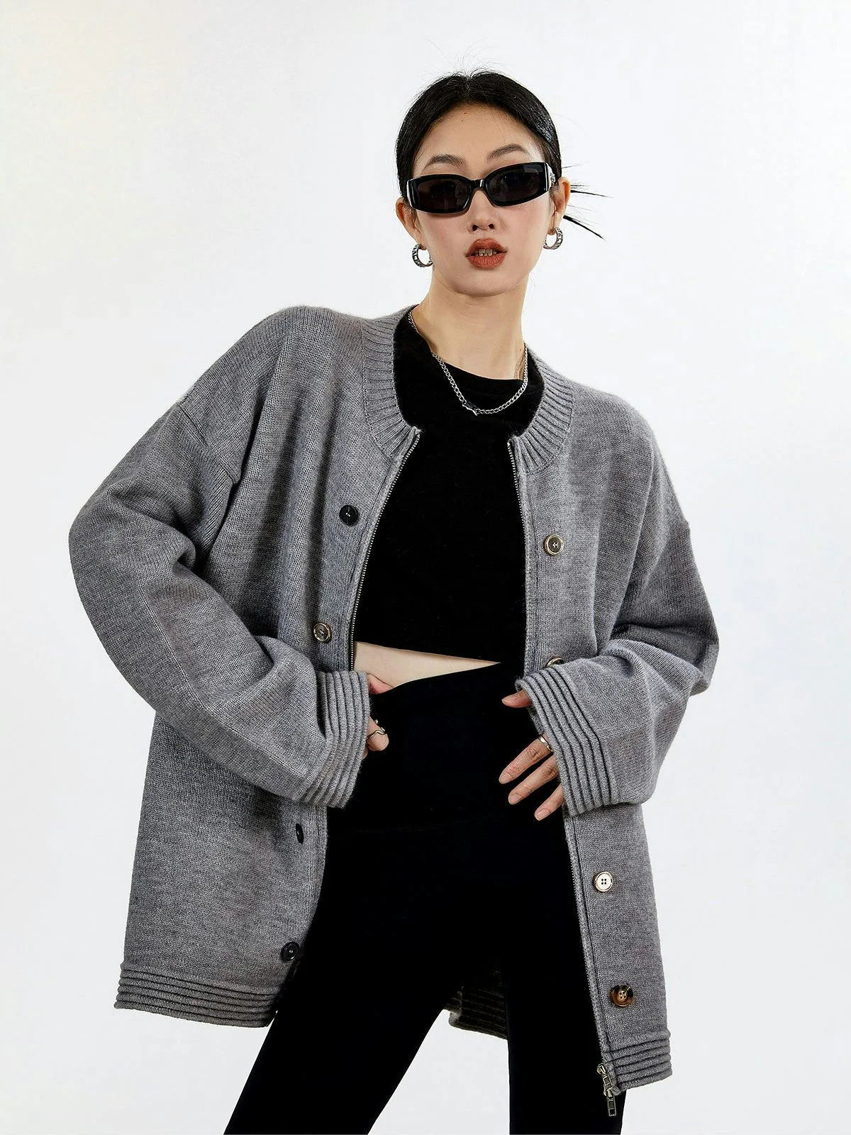 Ribbed Trim Oversized Button Zip Knit Cardigan - Image 13