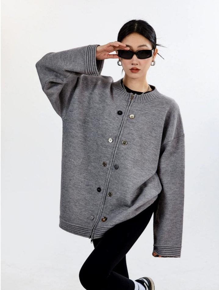 Ribbed Trim Oversized Button Zip Knit Cardigan - Image 14