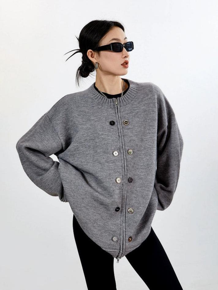 Ribbed Trim Oversized Button Zip Knit Cardigan - Image 15